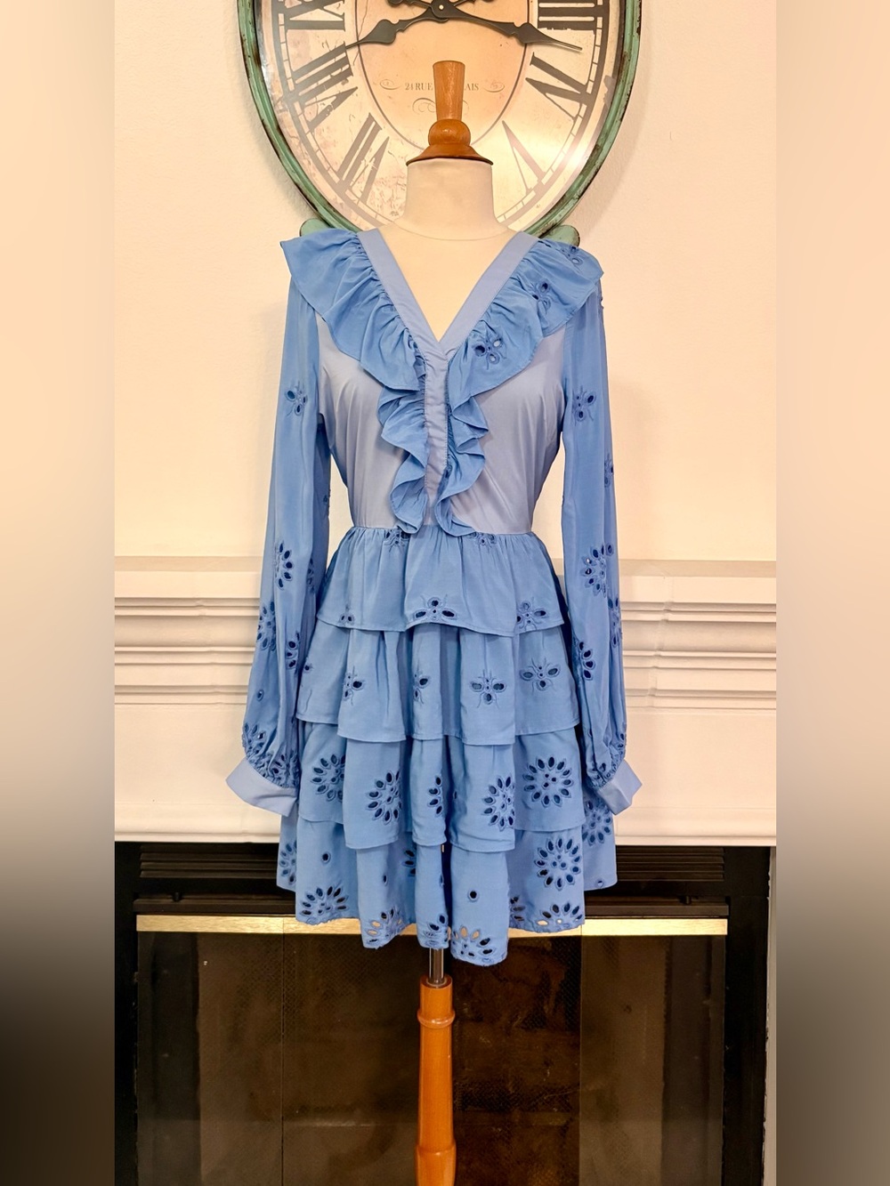 Koke + Mason Tiered Ruffle Eyelet Mini Dress in Light Blue